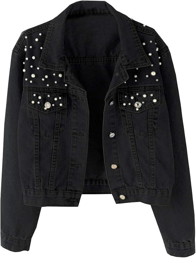 Kedera Women Oversized Denim Jacket Embroidered Pearls Beading Jeans Coat | Amazon (US)