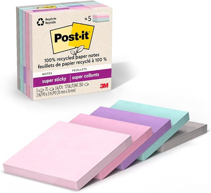 Post-it 100% Recycled Paper Super Sticky Notes, 2X The Sticking Power, 3x3 in, 5 Pads, 70 Sheets/... | Amazon (US)