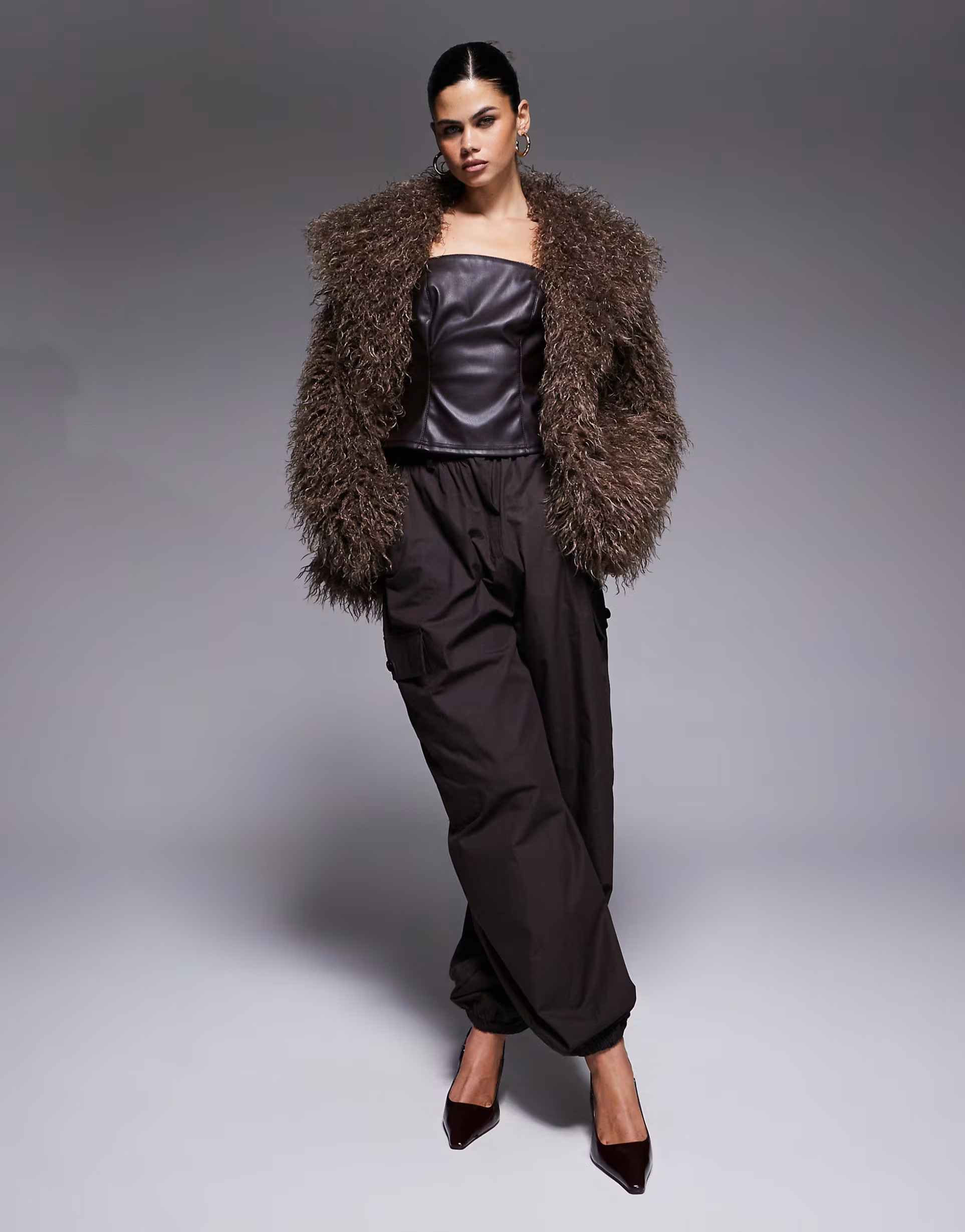 The Frolic exclusive faux mongolian fur oversized collar coat in coffee | ASOS (Global)
