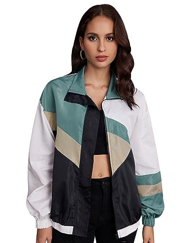SweatyRocks Women's Zip Up Color Block Lightweight Jacket Patchwork Sport Windbreaker Jacket Coat Outerwear Cream Blue Beige S | Amazon (US)