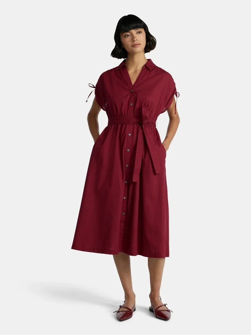 Time and Tru Women's Tie Front Button Down Shirt Dress, Sizes XS-XXXL | Walmart (US)