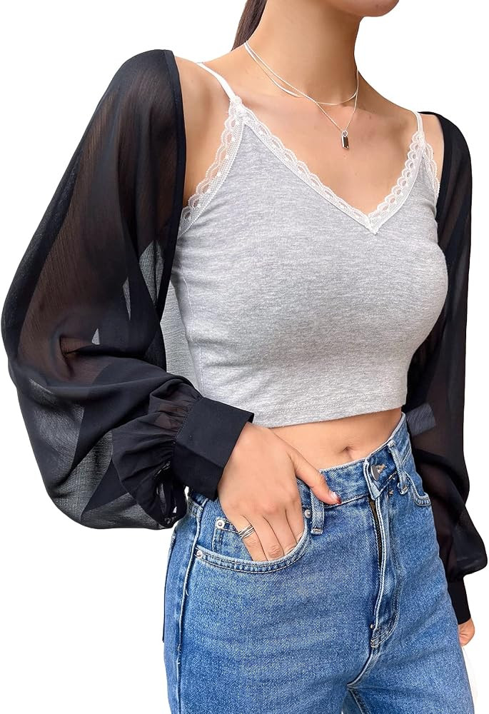 Verdusa Women's Open Front Long Sleeve Mesh Crop Cardigan Kimono Cover Up | Amazon (US)