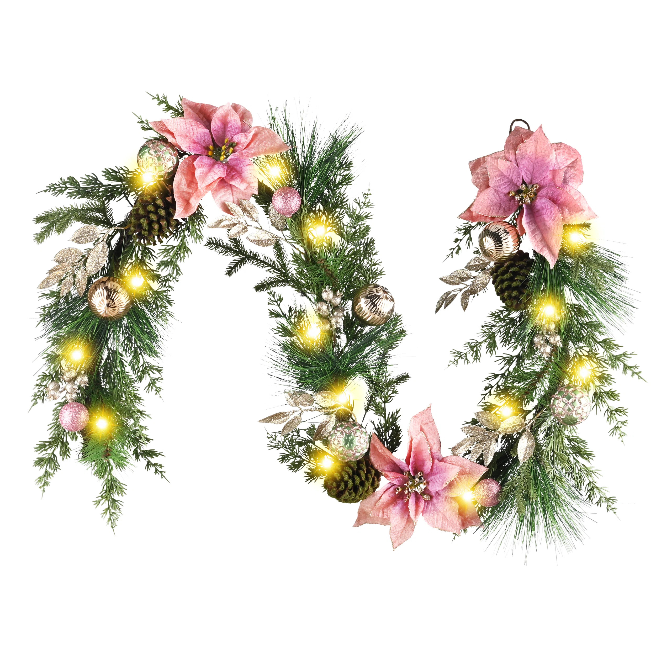 The Holiday Aisle® Kaheem Lighted Christmas Balls and Pinecorn Pre-decorated Artificial Pink Poi... | Wayfair North America