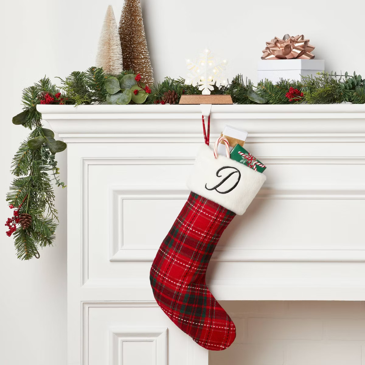 20" Plaid Monogram Christmas Holiday Stocking with Faux Fur Cuff Red/Green/White - Wondershop™ | Target