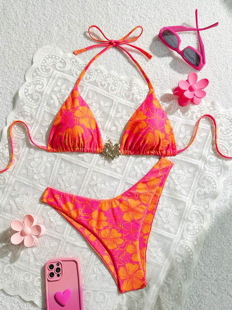Swim Mod 2 Pieces Set, Spring Break Floral Print Halter Neck Triangle Top And High Cut Bottoms, Sexy Boho Bikini Set For Summer Vacation | SHEIN