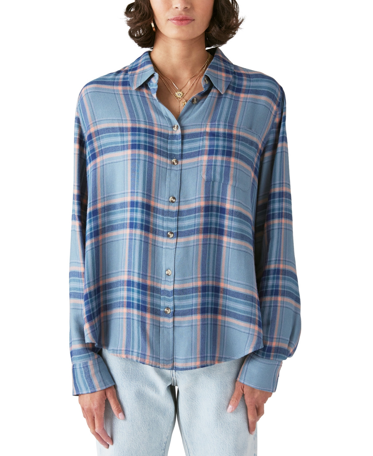 Lucky Brand Women's Plaid Button-Down Boyfriend Shirt - Smoke Blue Plaid | Macy's