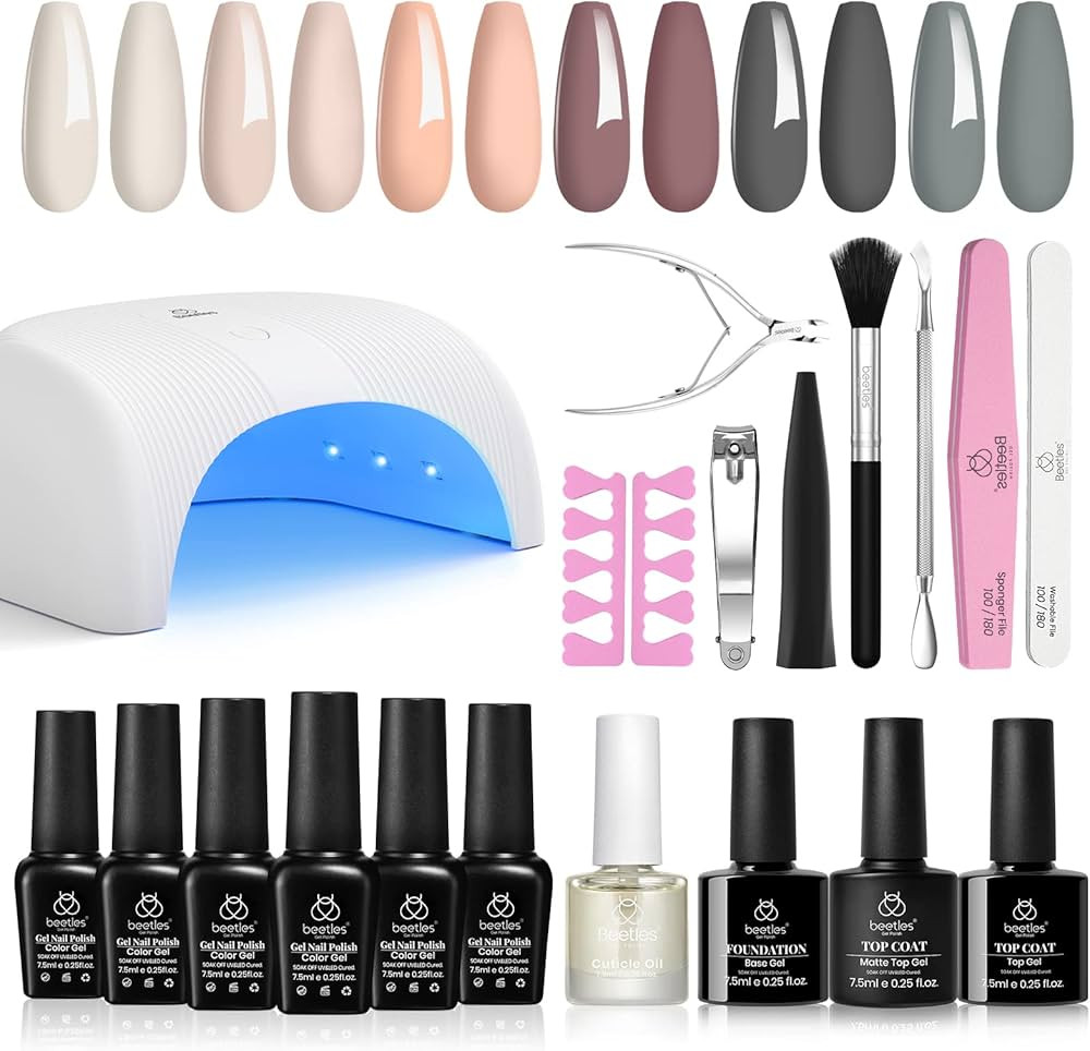 Beetles Gel Nail Polish Kit with U V Light Base Gel Top Coat, 6 Colors 6 Colors Nude Gray Pink Ge... | Amazon (US)