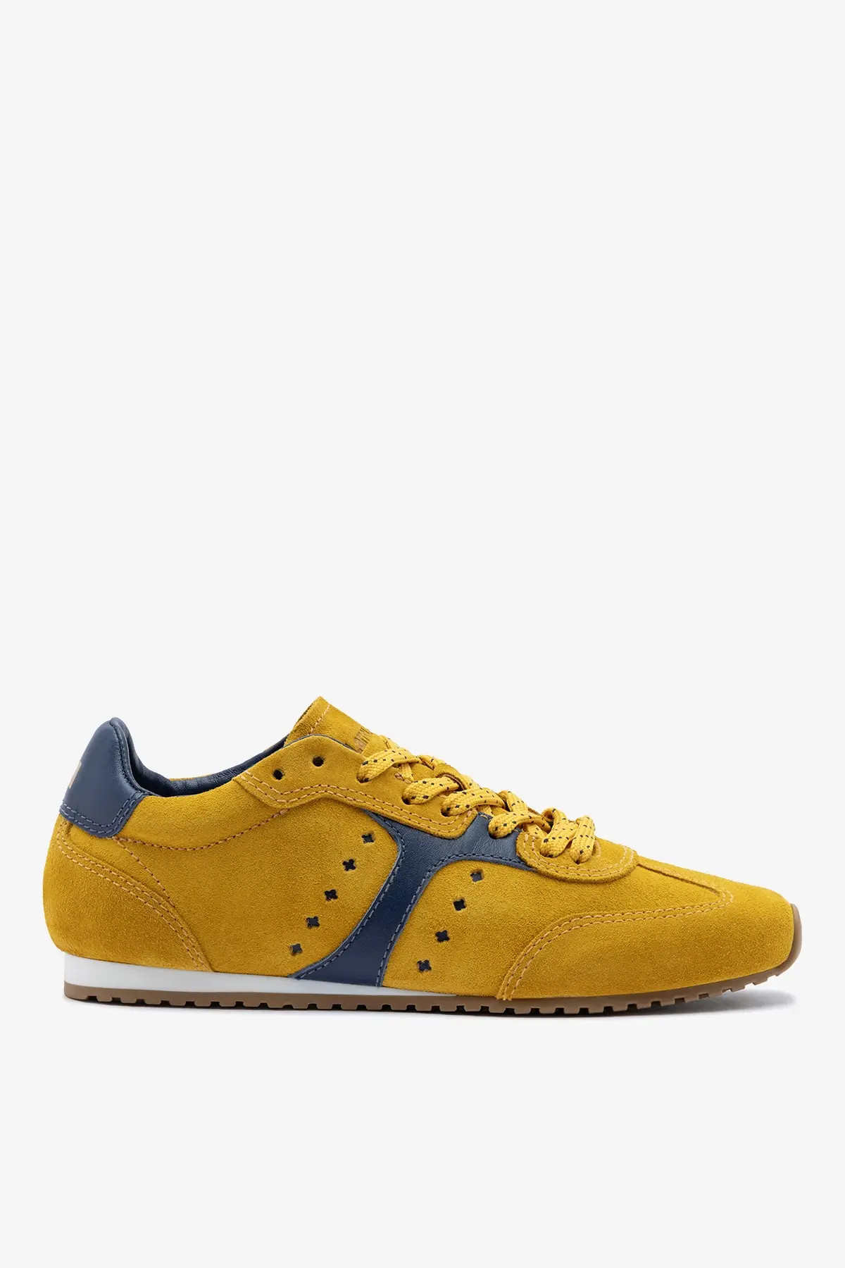 Stella Sneaker In Yellow Suede and Navy Leather | Larroude