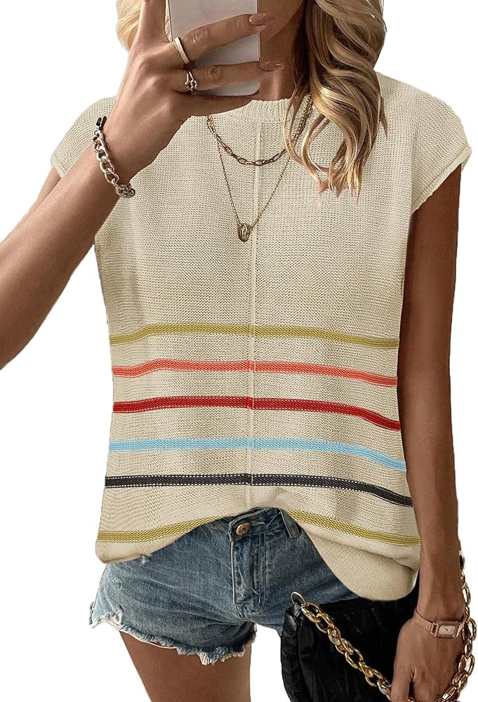 Zeagoo Women's Cap Sleeve Sweater Vest Crew Neck Sleeveless Casual Knit Tops 2024 Summer Clothes ... | Amazon (US)
