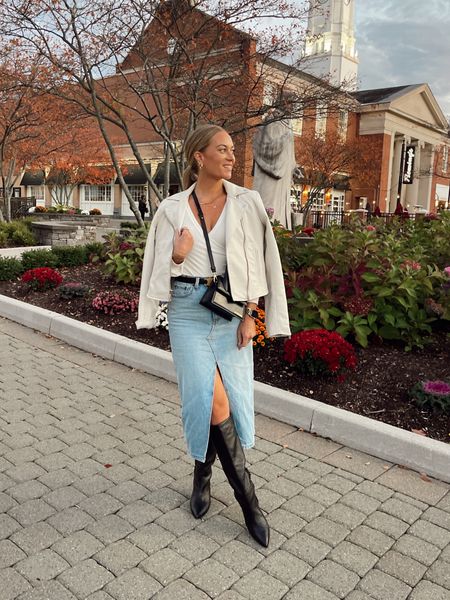 Denim midi skirt with leather jacket and knee high boots, jacquemus bag, fall style, fall outfits 

#LTKstyletip #LTKfindsunder100