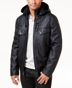 I.n.c. Men's Faux Leather Hooded Bomber Jacket, Created for Macy's | Macys (US)