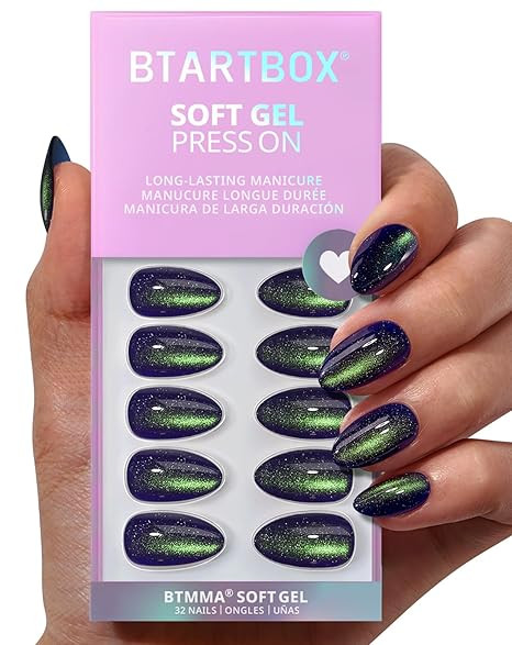 BTArtbox Press On Nails Short - Witch's Emerald, Sparkle Cat Eye Blue Almond Halloween Press On N... | Amazon (US)