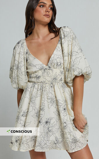 Geeniva Mini Dress - V Neck Tie Back Puff Sleeve Babydoll Dress in Cream Stencil Floral | Showpo (US, UK & Europe)