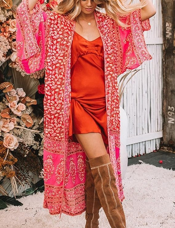 Bsubseach Red Floral Print Chiffon Kimono Cover Up 3/4 Sleeve Open Front Beach Long Cardigan Swim... | Amazon (US)