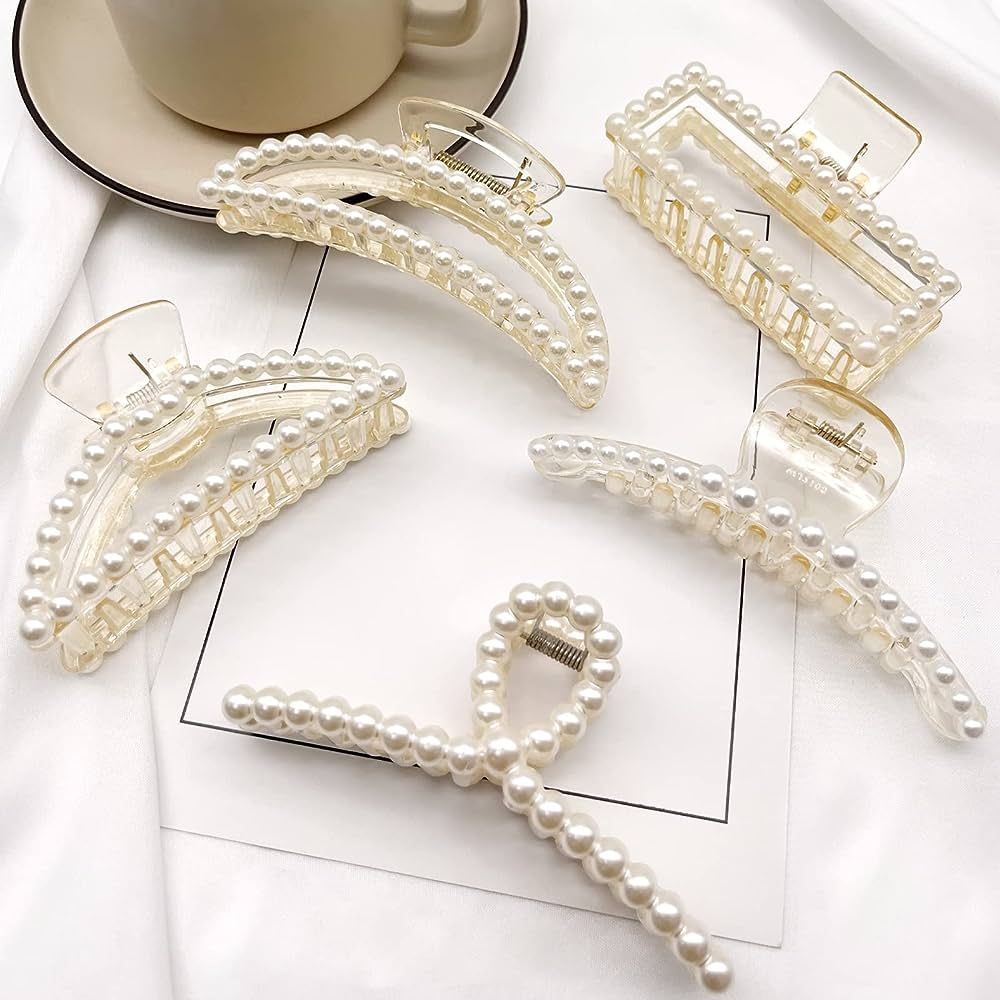 5pcs Pearl Hair Clips Large Hair Claw Clips for Thick Hair and Thin Hair, Cute Pearl Hair Claw Ha... | Amazon (US)