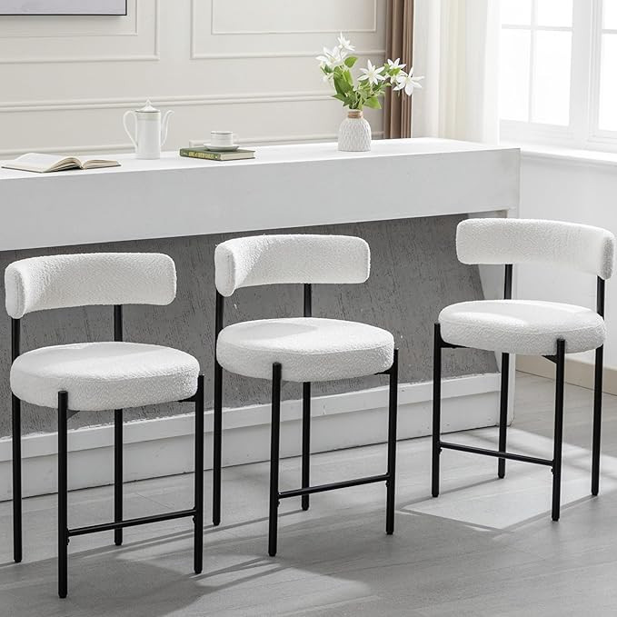 Counter Height Bar Stools, 24'' White Bar Stools Set of 3, Boucle Counter Stools with Back, Mid-C... | Amazon (US)