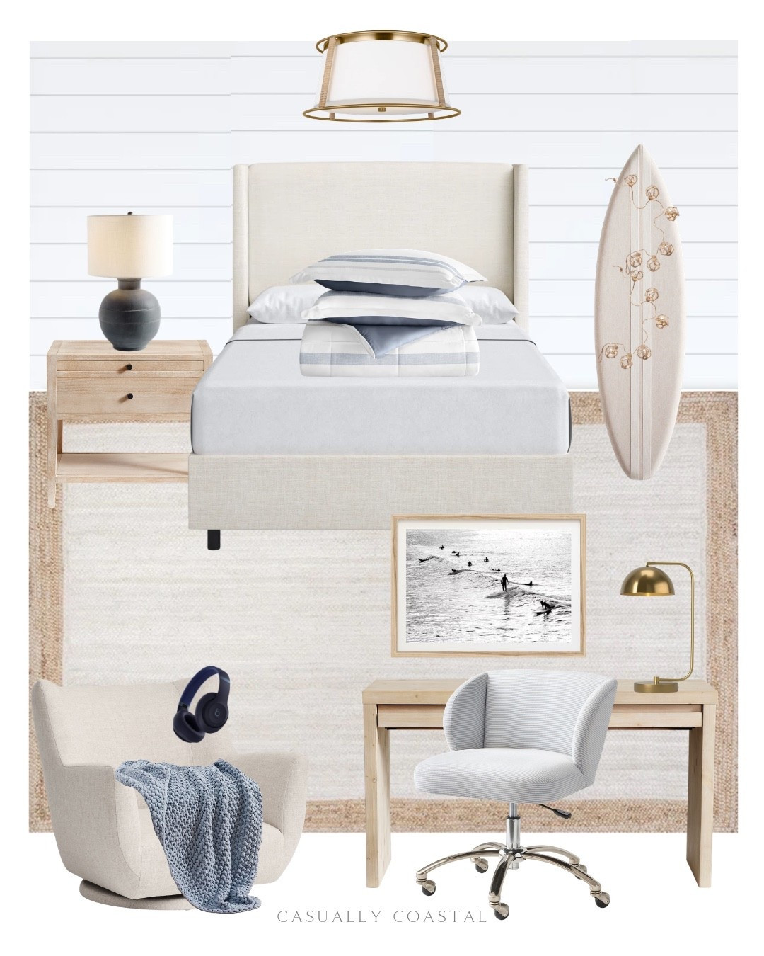 Teen Boy Bedroom 

Coastal bedroom, coastal bed, coastal bedding, coastal desk, pottery barn nightstand, wood nightstand, wayfair rug, bedroom rug, neutral rug, jute off white rug, full length surfboard pinboard, jute wrapped orbs garland, Tully upholstered bed, framed Malibu surf print, black and white coastal artwork, coastal quilt set, flush mount, wingback swivel desk chair, coastal desk chair, ceramic table lamp, writing desk, metal table lamp, brass lamp, textured weave low swivel chair, seed stitch throw, blue throw blanket, Beats Studio pro, upholstered office chair, woven hamper, chambray bean bag lounger, blue quilt set 

#LTKKids #LTKHome