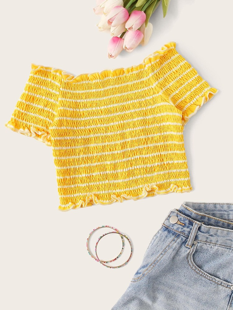 Off Shoulder Shirred Frill Trim Striped Crop Top | SHEIN
