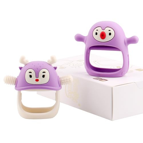 Smily Mia Baby Teething Toy |Penguin Teether for 0-6Months |Reindeer Baby Chew Toys for 3m+, Soft Silicone Hand Teether |Teething Mitten for Teething Pain Relief, Baby Essentials Gift Box, Purple | Amazon (US)