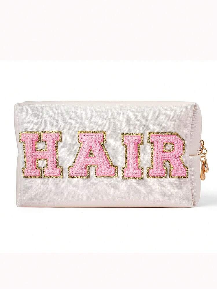 1pc PU Waterproof Pink Chenille Letter Graphic Makeup Pouch Cosmetic Bag Preppy Organizer Accesso... | SHEIN