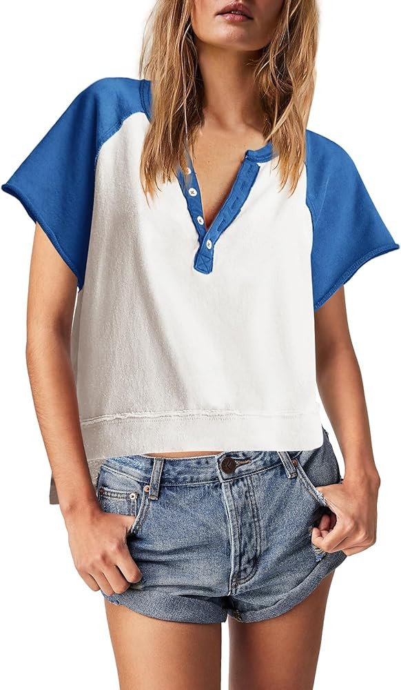 Panadila Womens Color Block Short Sleeve Tops Oversized Tshirts Summer Raglan Shirt Casual Crop C... | Amazon (US)