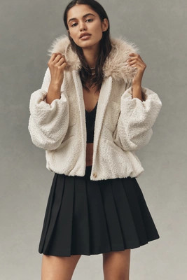 Maeve Faux Fur Collar Boucle Bubble Bomber Jacket | Anthropologie (US)