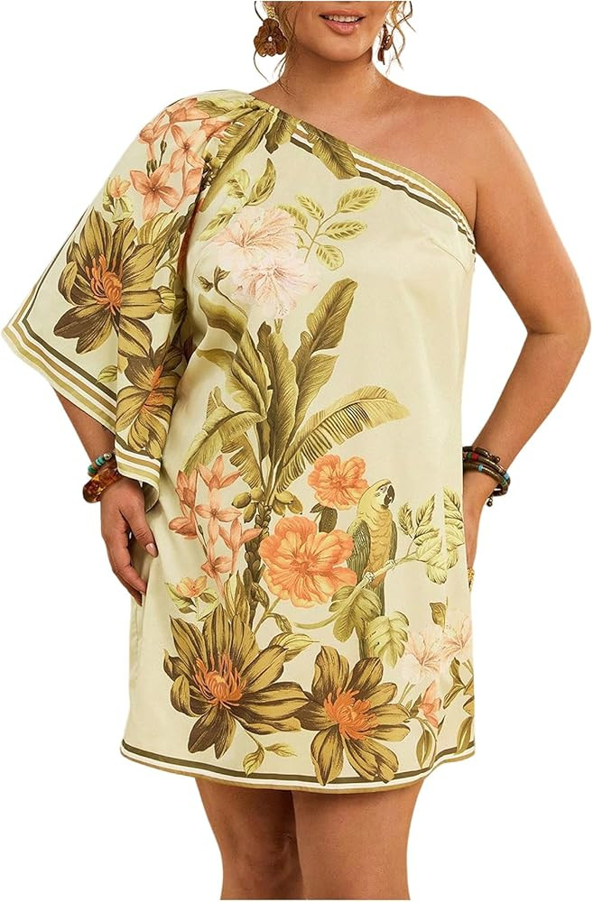 MakeMeChic Women's Plus Size Mini Dress Floral Print One Shoulder Boho Summer Holiday Short Dress... | Amazon (US)