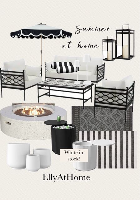 Summer at home in the backyard! Black and white cabana style furniture, popular cooler table, planters, lanterns, pillows, outdoor umbrellas, area rug, Amazon, Hime Depot, Wayfair. Shop soon, free shipping. 

#LTKHome #LTKSeasonal #LTKFamily