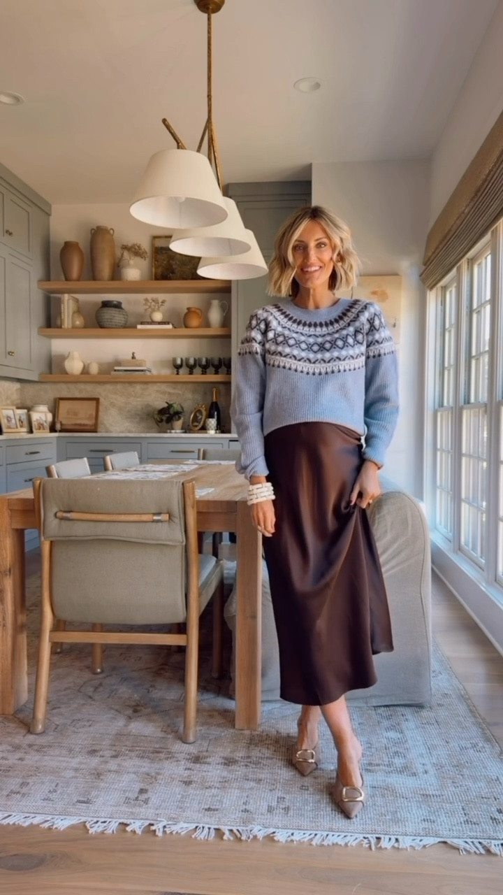 This blue sweater paired with this brown satin skirt makes for an elevated, cozy look for the holidays! Wearing size small in the sweater & I sized up in the skirt to accommodate the bump. 

Loverly Grey, Loft find, brown satin skirt, brown silk skirt, brown slip skirt, blue sweater, holiday sweater, Thanksgiving outfit ideas, fall outfit ideas 

#LTKSeasonal #LTKFindsUnder100 #LTKStyleTip