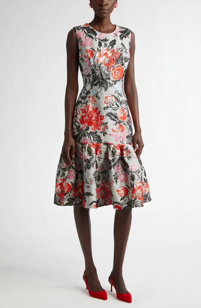 Carolina Herrera Floral Sleeveless Flounce Hem Brocade Dress | Nordstrom | Nordstrom