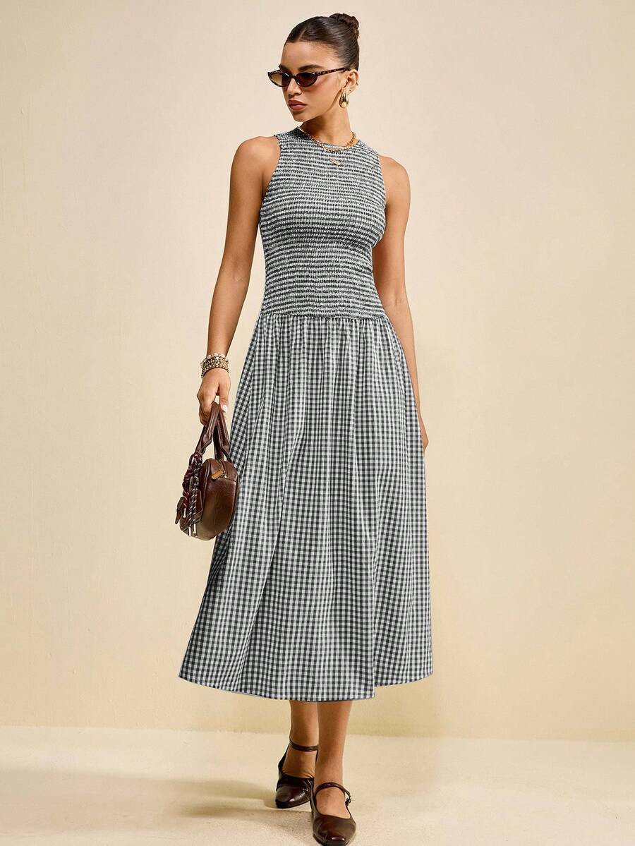 Muvela Women's Plaid Sleeveless Dress, Casual Checkered Loose Long Dress, Dignified Dress, Elegan... | SHEIN