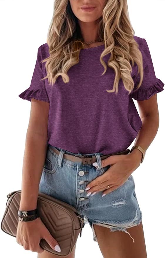 PRETTYGARDEN Women's Short Sleeve Casual T Shirts Summer Ruffle Plain Round Neck Loose Fit Tee Bl... | Amazon (US)