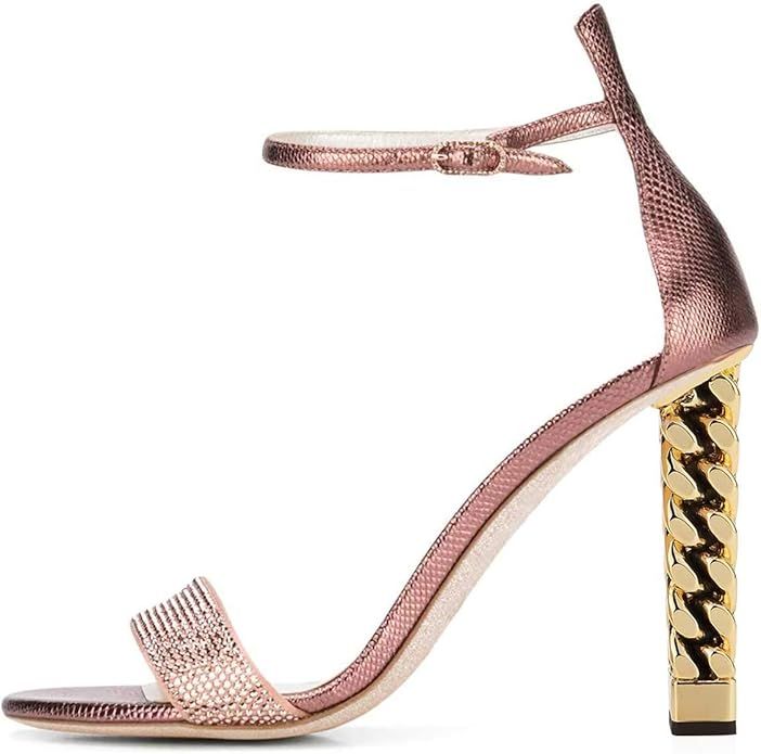 FSJ Women Flower Gold Metal Chain Chunky High Heels Ankle Strap Sandals Open Toe Fashion Shoes Si... | Amazon (US)