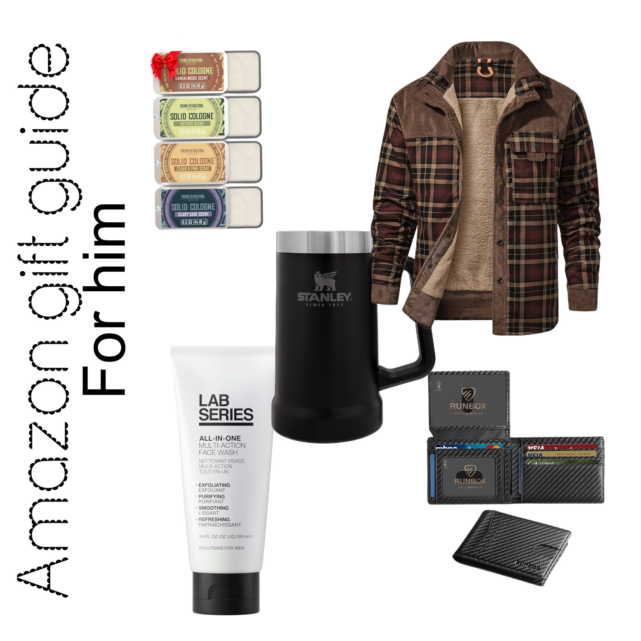 Gifts for him plaid brown jacket Stanley cup solid perfume for men wallet face wash 

#LTKHoliday #LTKCyberWeek #LTKGiftGuide