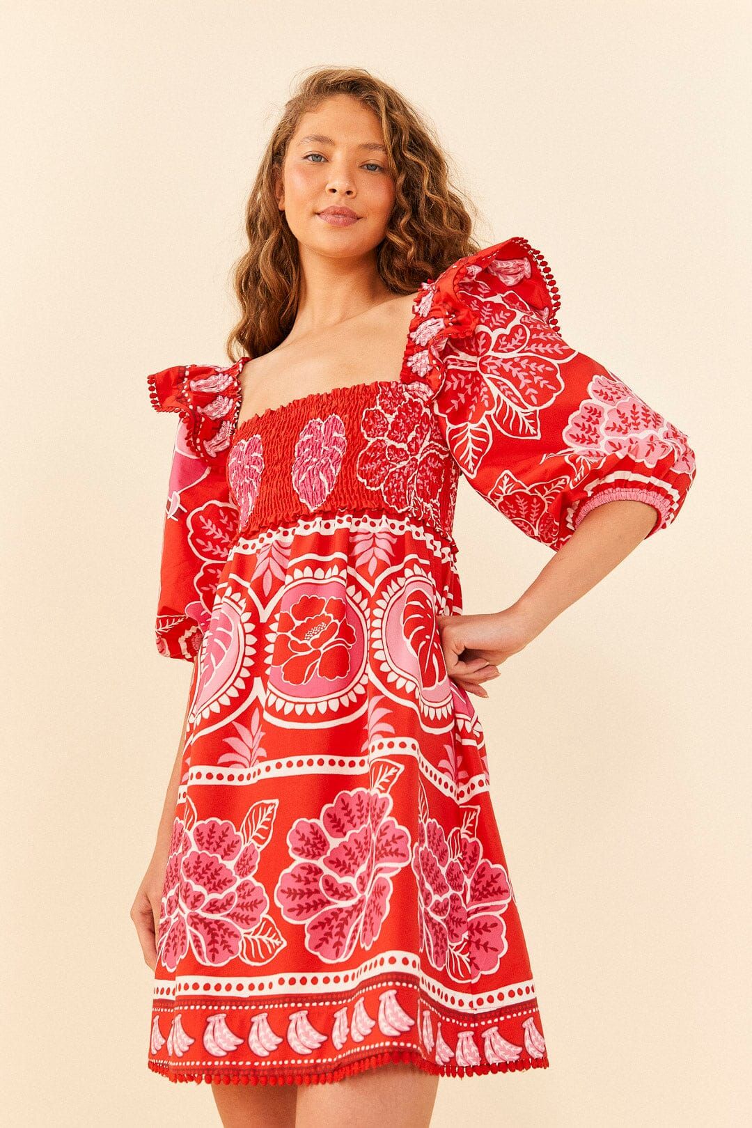 Red Summer Sunrise Organic Cotton Mini Dress | FarmRio
