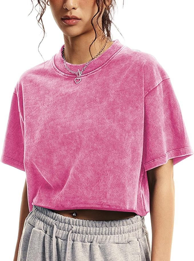 Womens Oversized Vintage T Shirts Casual Cropped Tees Short Sleeve Cotton Acid Wash Tops Summer G... | Amazon (US)