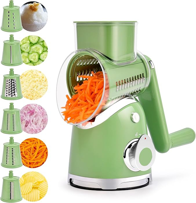 SUSTEAS Rotary Cheese Grater with Handle,Vegetable Slicer with 6 Interchangeable Blades, Reinforc... | Amazon (US)