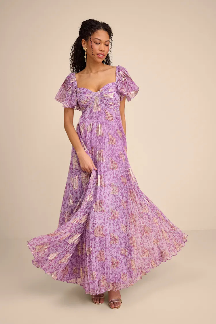 Lynwen Light Purple Abstract Pleated Flutter Sleeve Maxi Dress | Lulus