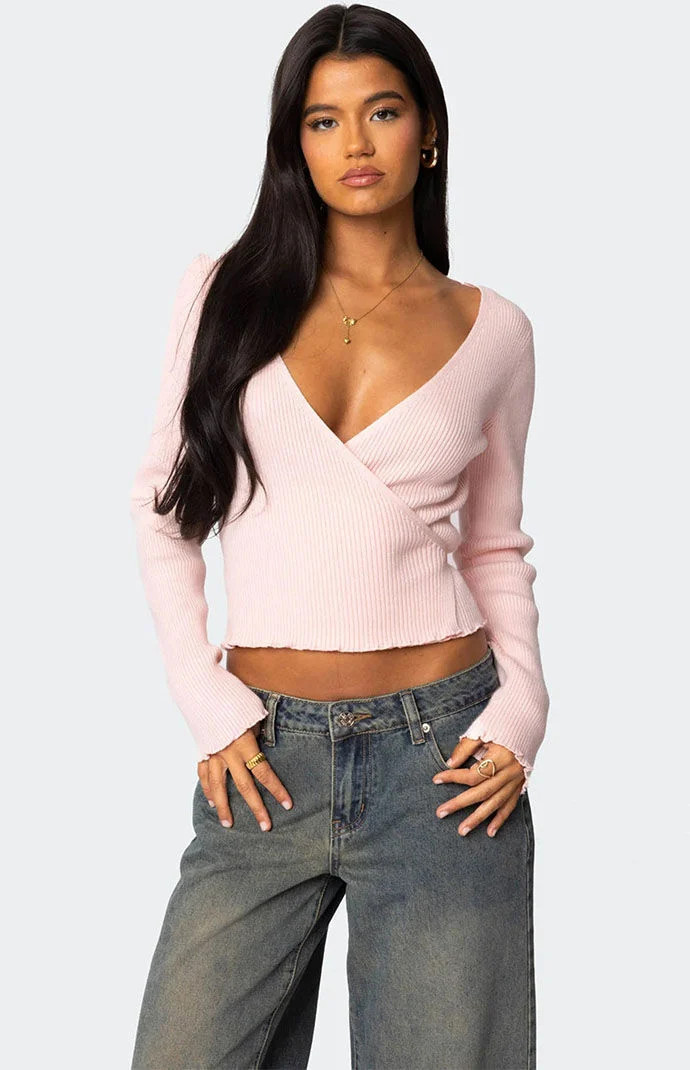 Edikted Women's Paden Ribbed Knit Wrap Top in Light Pink - Size Medium | PacSun