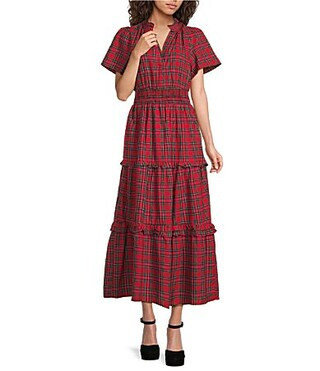 Sugarlips Miley Red Plaid Poplin Smocked Split V-Neck Tiered Maxi Dress - M | Dillard's