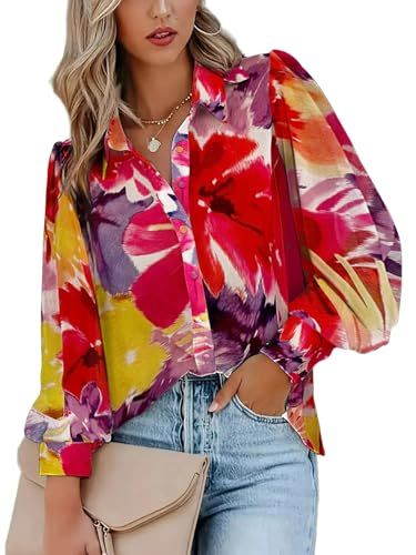 Zeagoo Womens Shirts Button Down Printed Lantern Long Sleeve Blouse Fashion Casual Tops 2024 | Amazon (US)