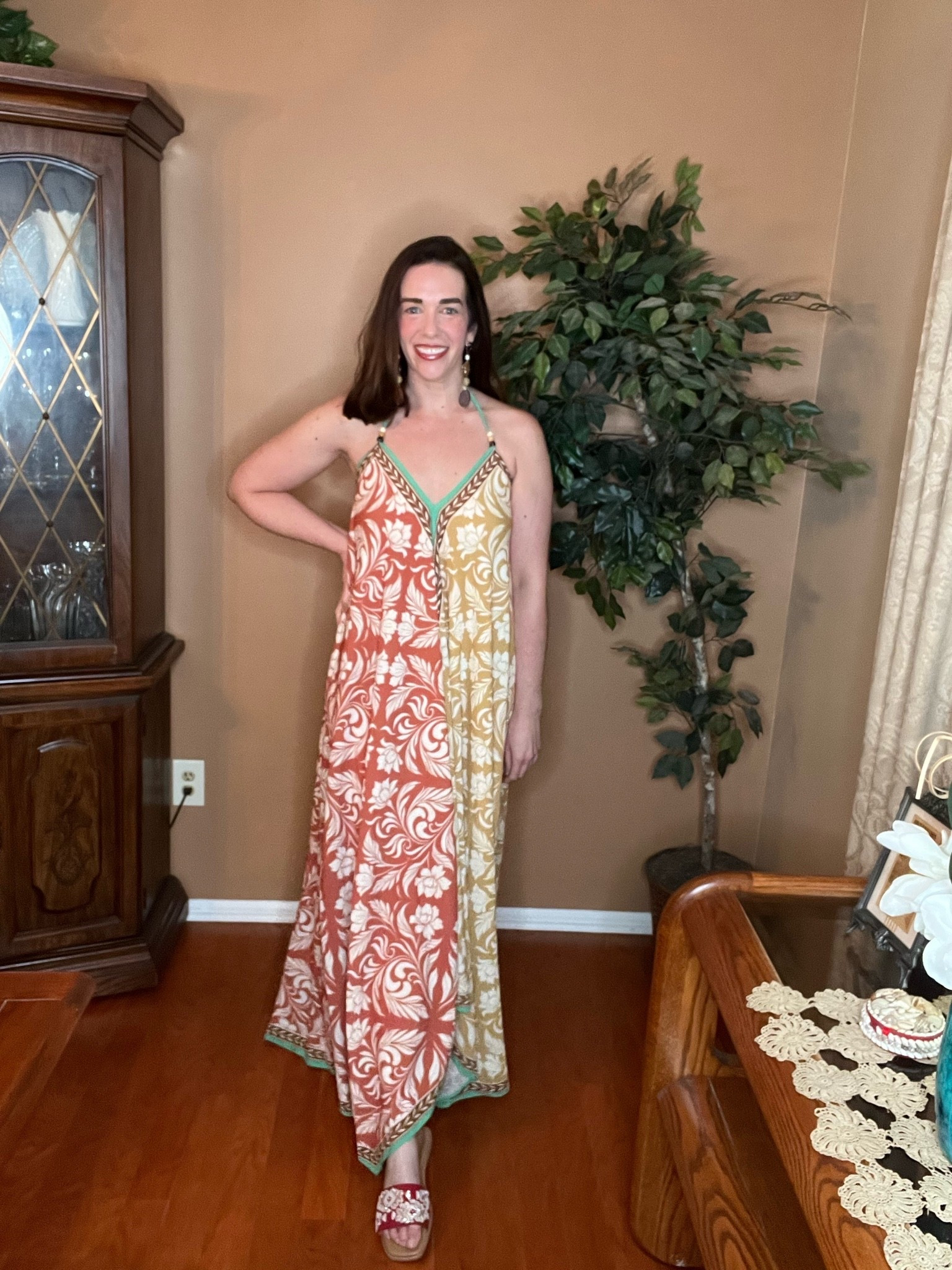Color block halter dress (s). Red beaded slides (8.5). #dress #halterdress #colorblockdress #dresses #summerdresses #slides #beadedslides #redbeadedslides #earrings #danglyearrings #woodenearrings #summeroutfits
summer dresses 
summer outfits
vacation outfits beach
summer outfits over 40

#LTKootd #LTKSeasonal