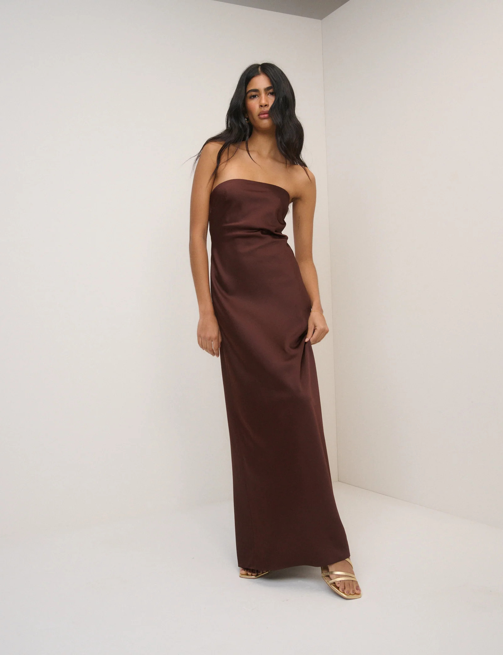 Chocolate Brown Satin Bandeau Arden Maxi Dress | Nobody's Child