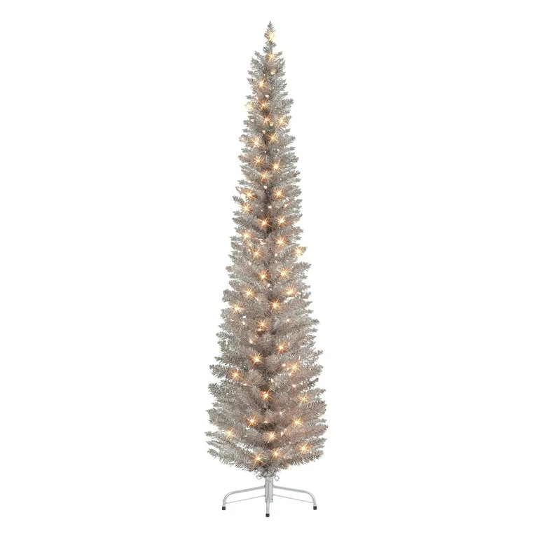 6 ft Pre-lit Rose Gold Tinsel Pencil Tree 250 Tips 100 UL Clear Incandescent Lights | Walmart (US)
