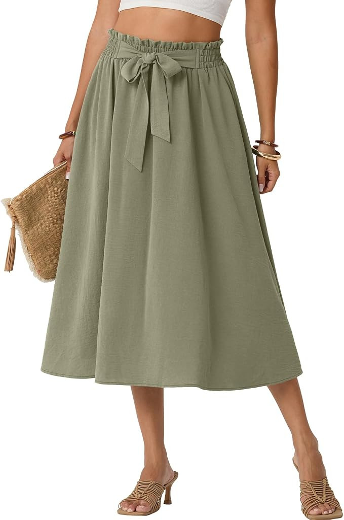 Skirts for Women High Waisted Flowy Summer Midi Knee Length Long Skirt Beach Vacation with Pocket... | Amazon (US)