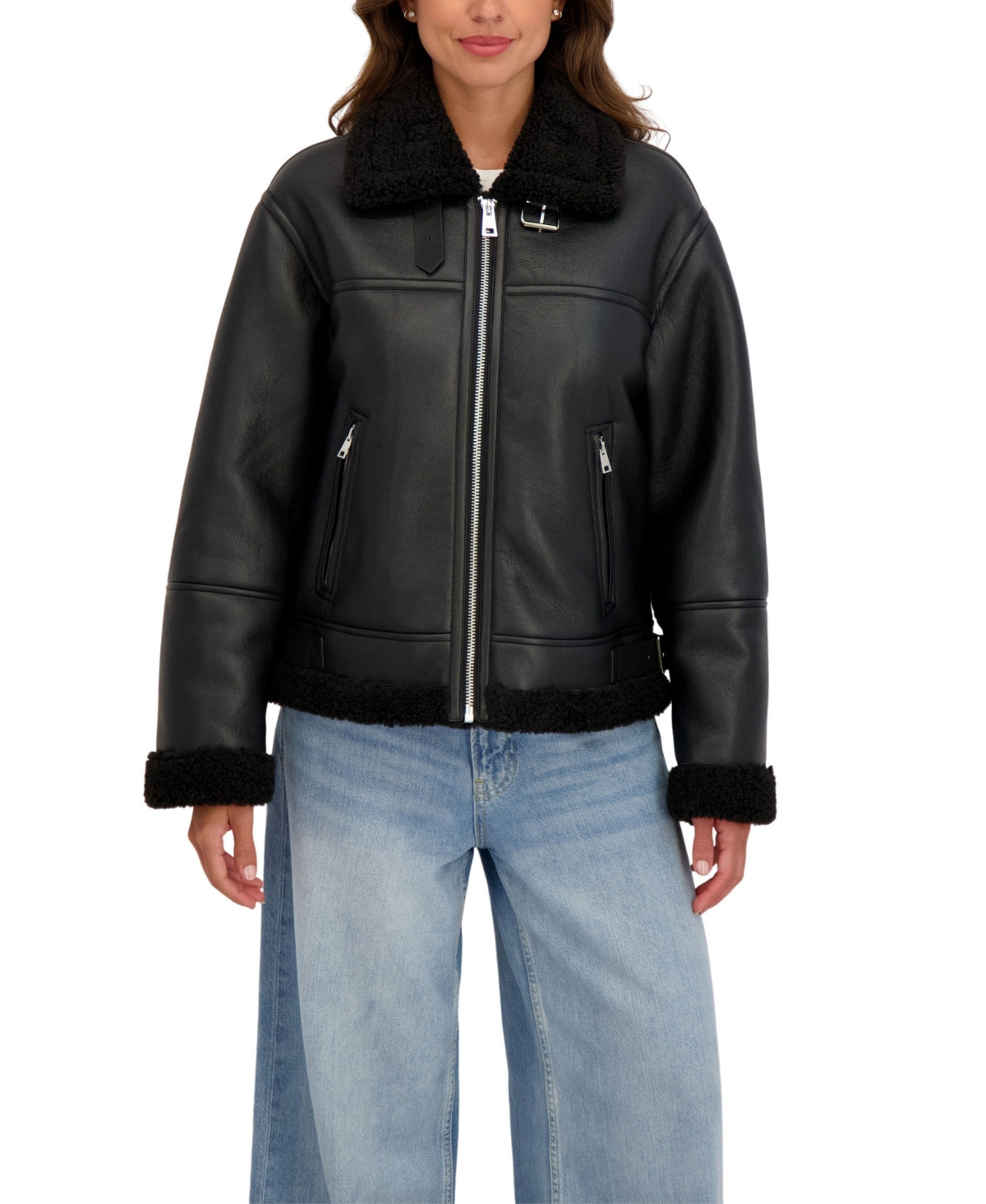 Sebby Collection Women's Zip Front Faux Shearling Jacket - Black | Macy's