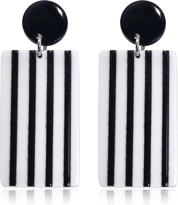 Unique Fashion Elegant 70s 80s Vintage Black White Stripe Long Geometric Drop Earrings Acrylic Re... | Amazon (US)