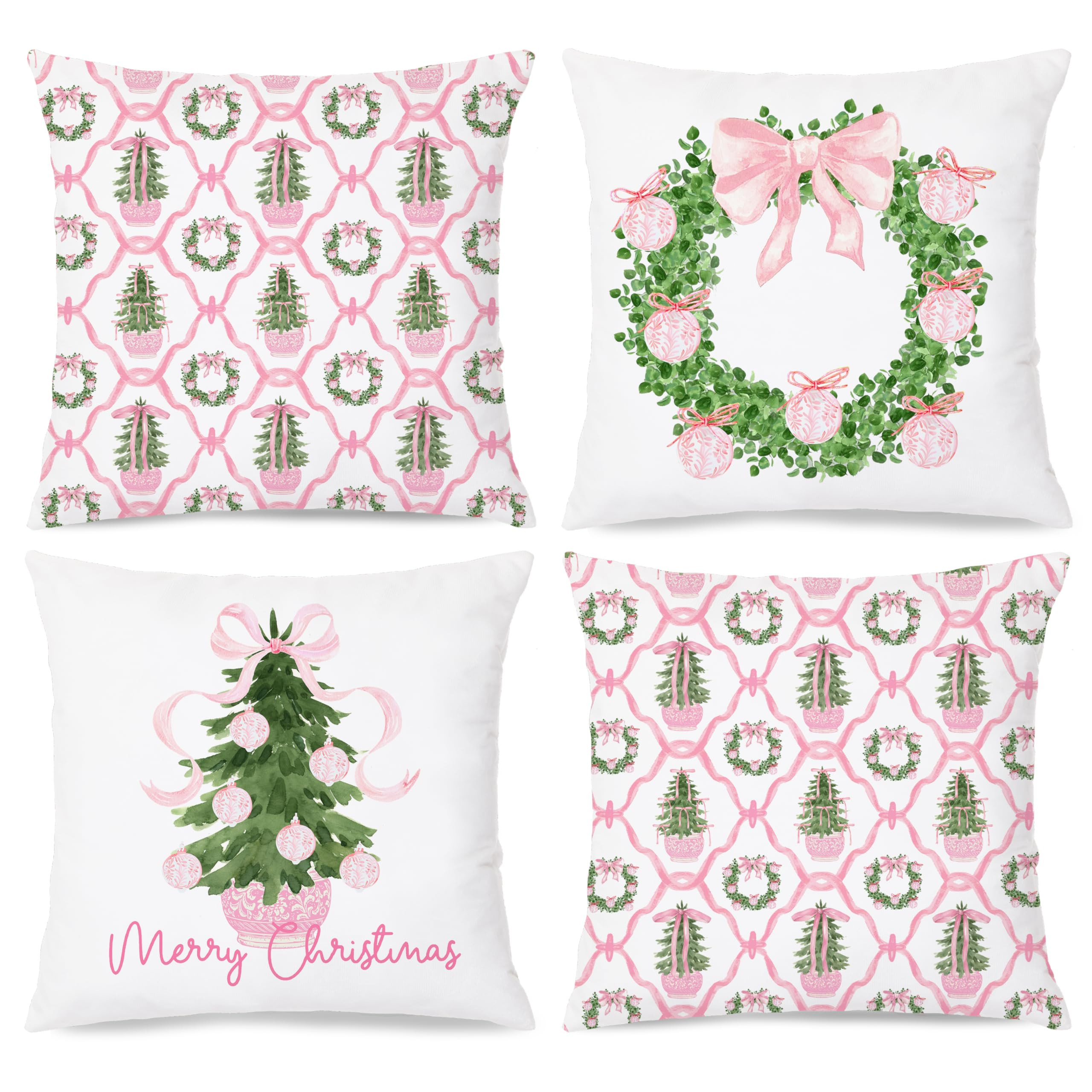 Pink Chinoiserie Christmas Wreath Pillow Covers 18x18 Double-Sided, Grandmillennial Christmas Dec... | Amazon (US)