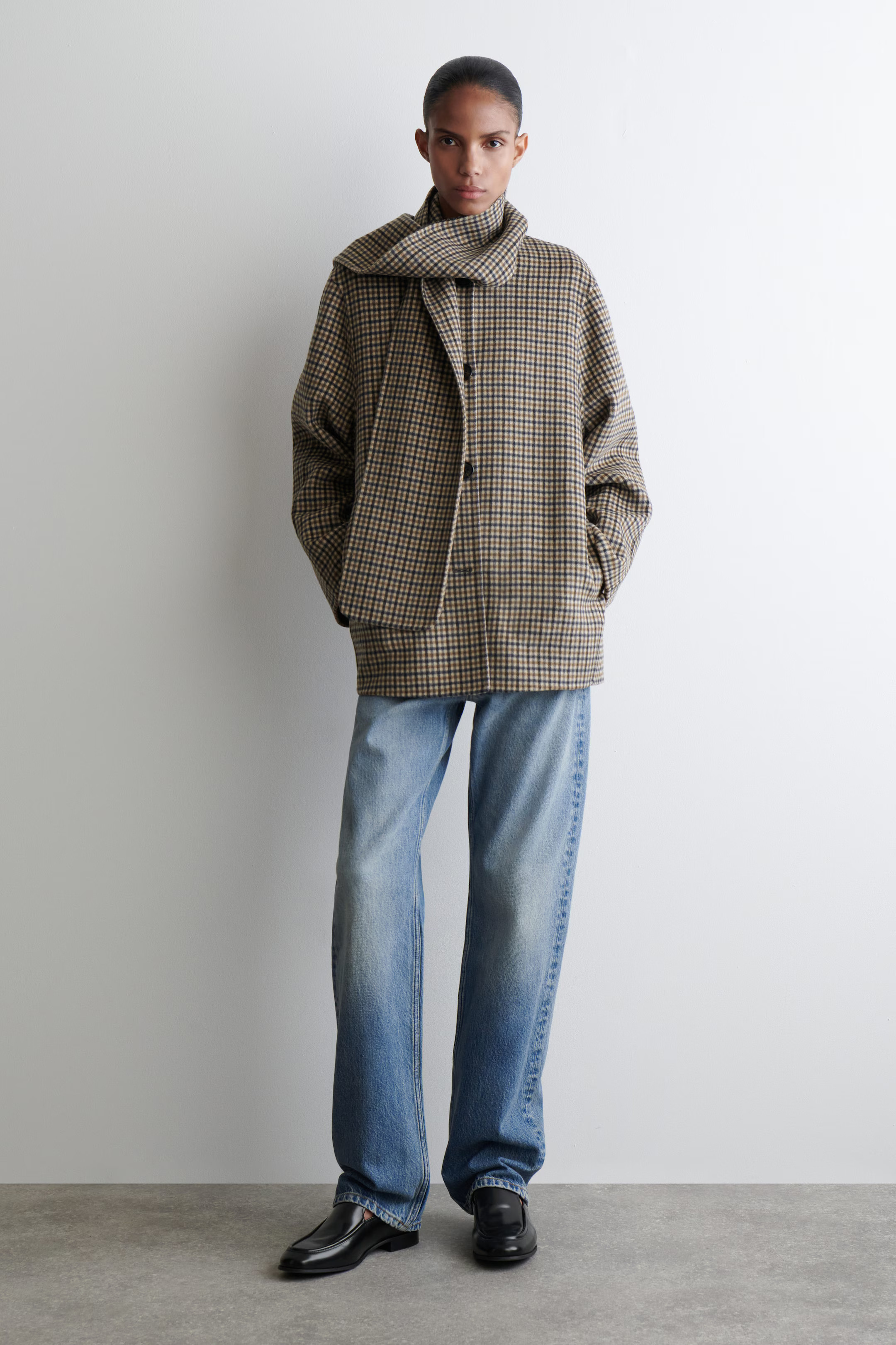 DOUBLE-FACED WOOL SCARF SHORT JACKET - BEIGE / CHECKED | COS US | COS (EU)