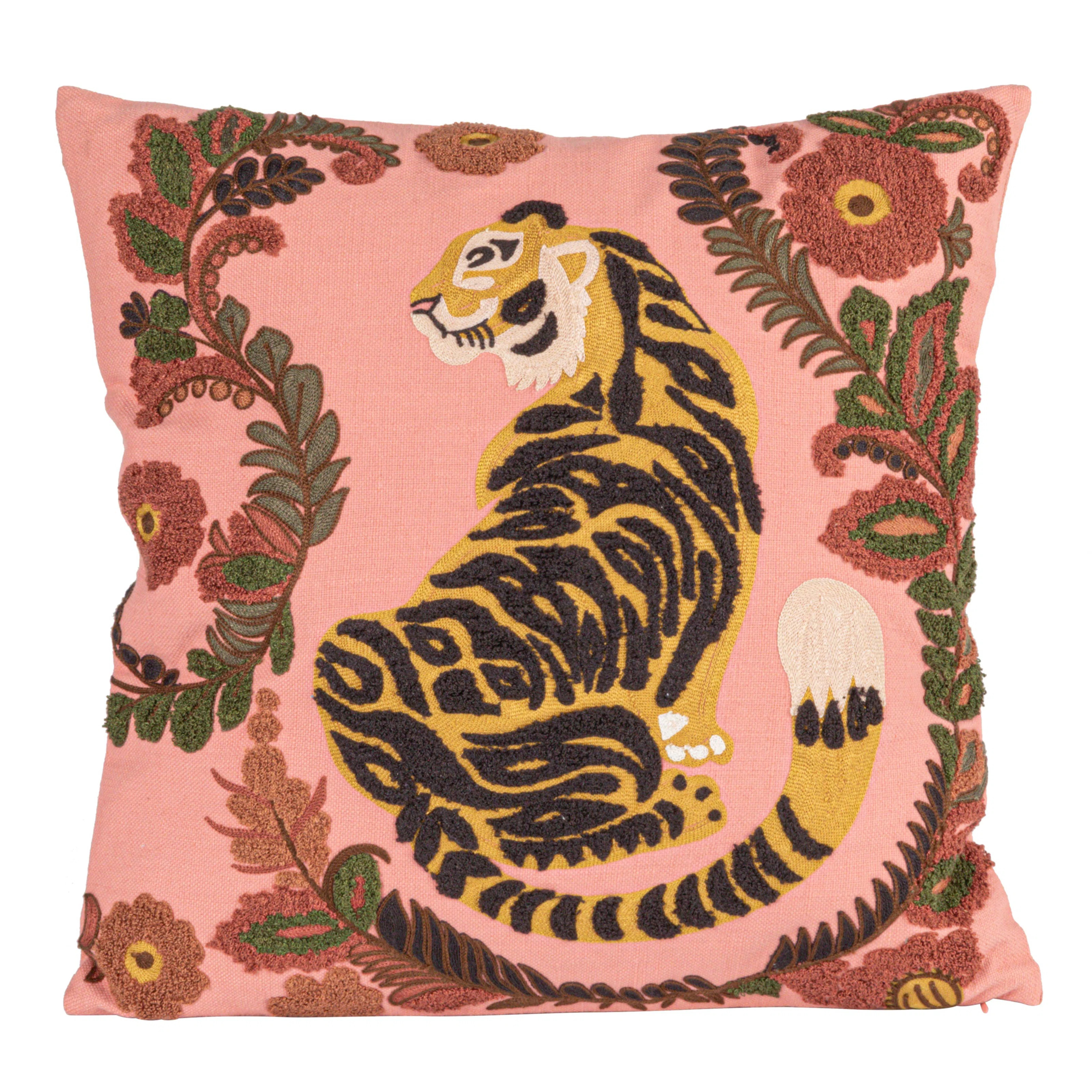 Embroidered Tiger And Flowers Cotton Slub Pillow | Wayfair North America